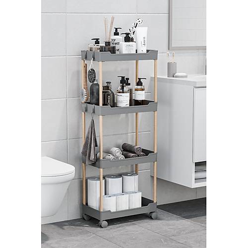 4 Katlı Ahşap Ayaklı Tekerlekli Raf Ünitesi Dolapİçi Sepet Organizer 