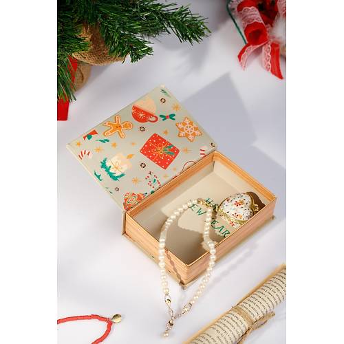 Krem Noel Baba Yılbaşı Yeni Yıl Dekorlu Kutu Takı Aksesuar Organizer