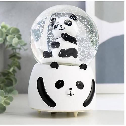 Panda Figürlü Cam Fanus Kar Küresi Işıklı Mini Boy