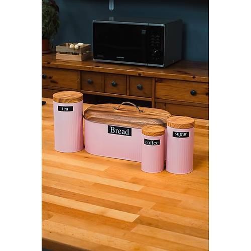 4'Lü Pembe Set Metal Çay Şeker Kahve Saklama Kabı Kavanoz Ve Ekmek Sepeti Ekmeklik Takımı