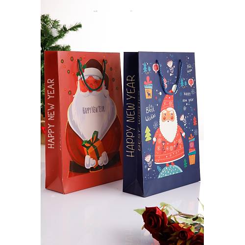 2'Li Yeni Yıl Hediye Çantası Noel Baba Temalı Karton Paket Kulplu Karton Yılbaşı Çanta