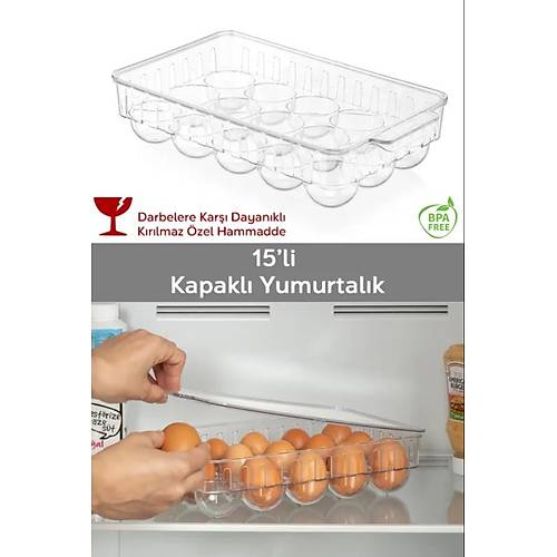 15 Bölmeli Kapaklı Yumurtalık, Yumurta Saklama Kabı, Kırılmaz Buzdolabı Organizer