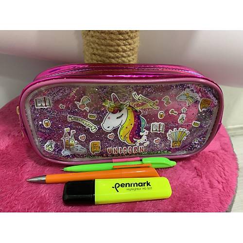 Pembe Fosforlu Akışkan Jel Tasarımlı Unıcorn Okul Fermuarlı Kalemlik Kız Çocuk Kalem Kutusu