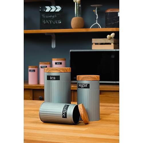 4'Lü Gri Set Metal Çay Şeker Kahve Saklama Kabı Kavanoz Ve Ekmek Sepeti Ekmeklik Takımı