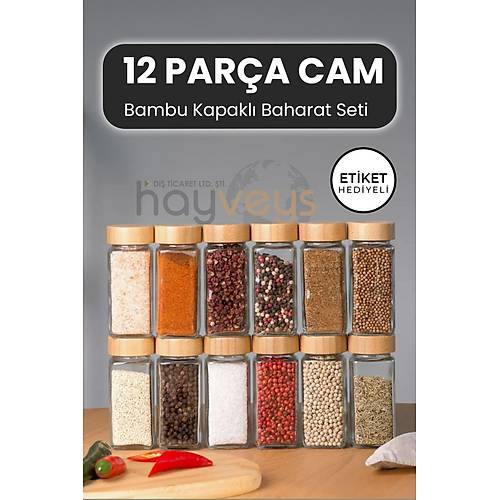 12 Para Bambu Kapakl Cam Baharat Seti Kavanoz Etiketli