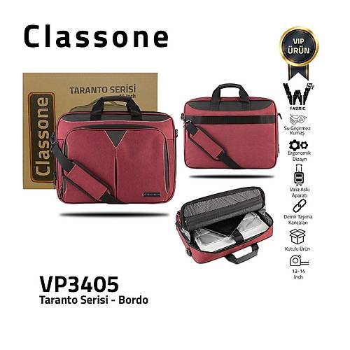 Classone Taranto Serisi VP3405 14 inch WTXpro Su Geçirmez Kumaş Laptop El Çantası -Bordo