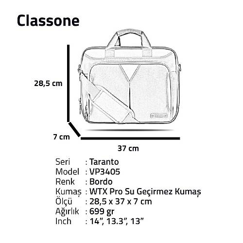 Classone Taranto Serisi VP3405 14 inch WTXpro Su Geçirmez Kumaş Laptop El Çantası -Bordo