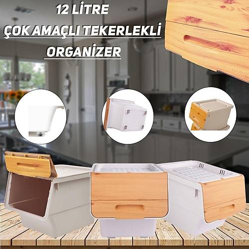 Motek 12 Litre Bambu Desen Tekerlekli Tekli Organizer + Temizlik Seti
