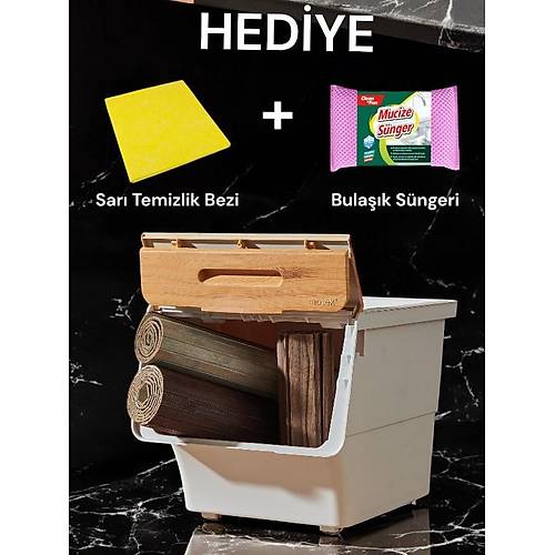Motek 12 Litre Bambu Desen Tekerlekli Tekli Organizer + Temizlik Seti