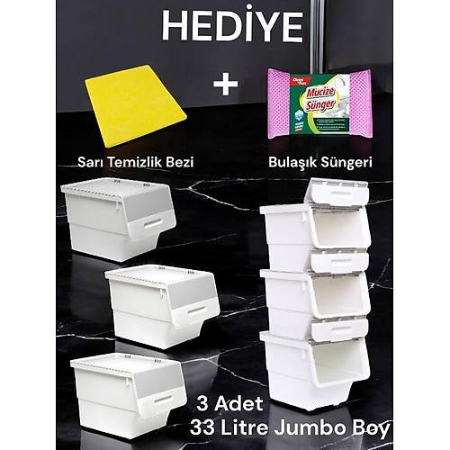 Motek 33 Litre Beyaz Gri Tekerlekli 3*33 Lt 3'l Set Organizer + Temizlik Seti