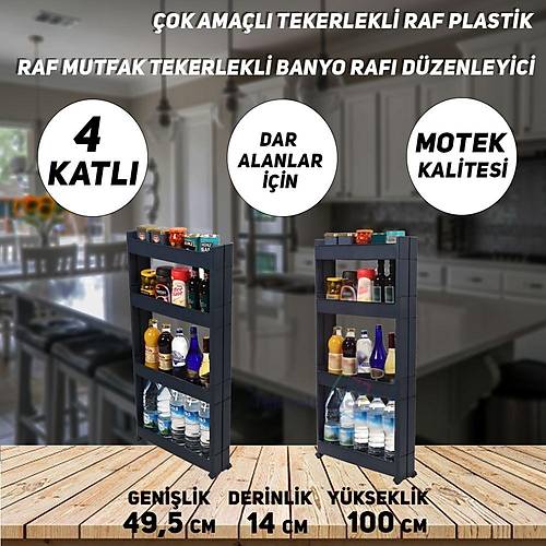 Technow Motek SR-04 Tekerlekli Plastik,Mutfak,Banyo Raf 4 Katl Organizer  Antrasit