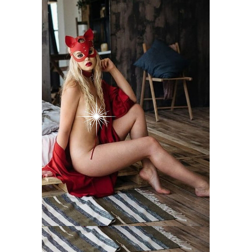 Krmz Deri Body, Deri Kedi Maske ve Deri Tasma Seti