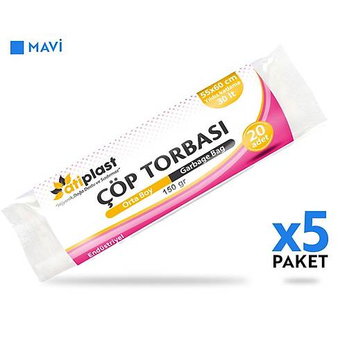Atiplast p Torbas Endstriyel Orta Boy 150 gr 55 x 60 cm Mavi 5 Rulo