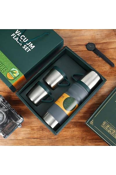 Vakum 3 Bardakl Paslanmaz elik Termos - Yeil 680 ML