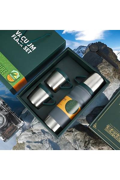Vakum 3 Bardakl Paslanmaz elik Termos - Yeil 680 ML
