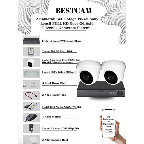 BESTCAM 2 Kameral Set 5 Mega Piksel Sony Lensli FULL HD Gece Grl Gvenlik Dome Kamera Seti 500 GB Hard Disk