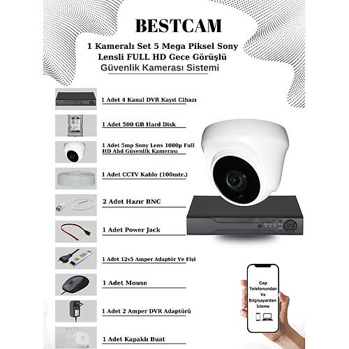 BESTCAM 1 Kameral Set 5 Mega Piksel Sony Lensli FULL HD Gece Grl Gvenlik Dome Kamera Seti 500 GB Hard Disk