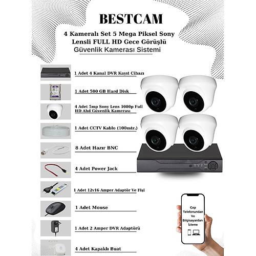 BESTCAM 4 Kameral Set 5 Mega Piksel Sony Lensli FULL HD Gece Grl Gvenlik Dome Kamera Seti 500 GB Hard Disk