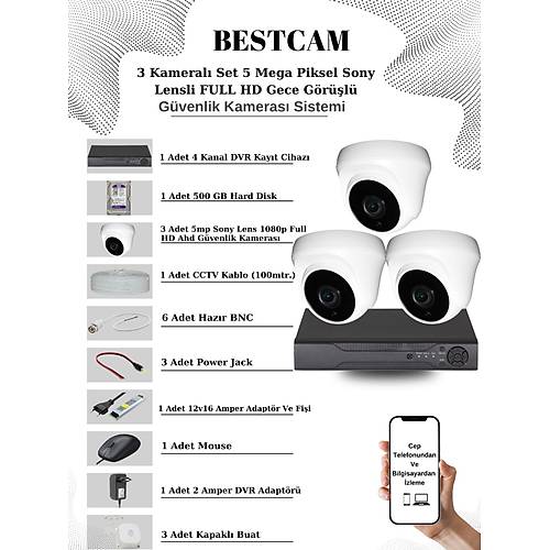 BESTCAM 3 Kameral Set 5 Mega Piksel Sony Lensli FULL HD Gece Grl Gvenlik Dome Kamera Seti 500 GB Hard Disk