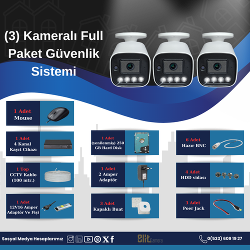 Mp  5.0 Megapixel Lensli ( 3 ) Kameral Full Paket Gvenlik Sistemi Hdd Dahil