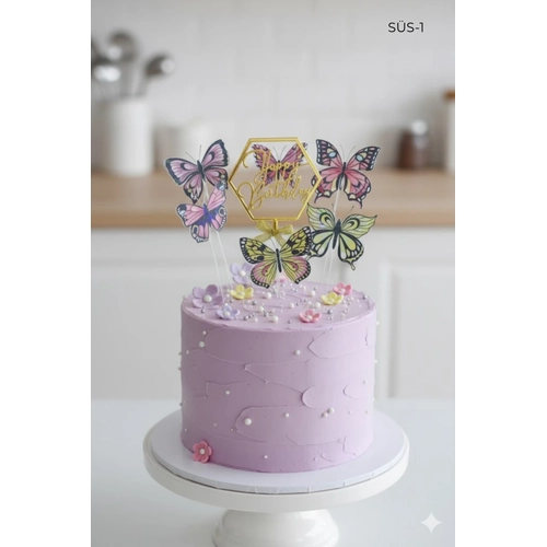 Pasta �st� Happy Birhtday & Kelebek S�s Seti