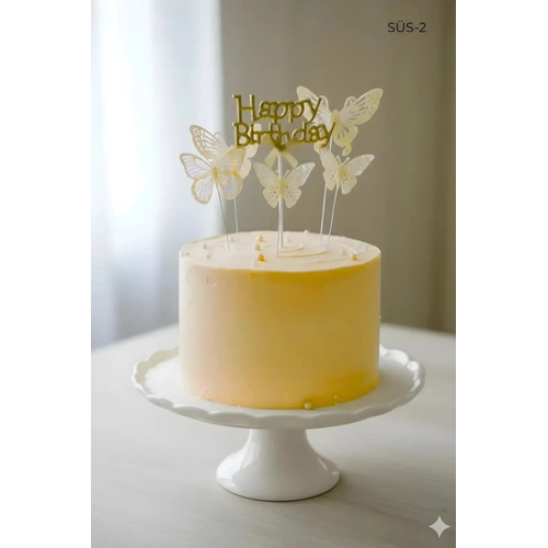 Pasta �st� Happy Birhtday & Kelebek S�s Seti Gold