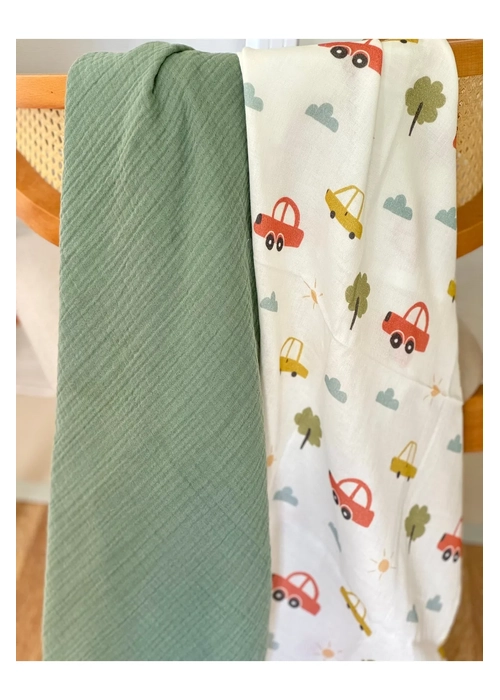 Mini Arabalar Müslin Örtü & Çağla Yeşili 4 Kat Müslin Örtüsü Set -75x100cm/100x100cm