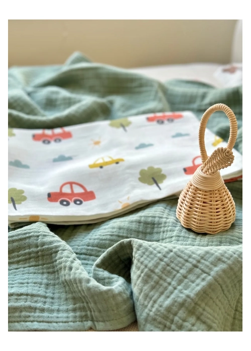 Mini Arabalar Müslin Örtü & Çağla Yeşili 4 Kat Müslin Örtüsü Set -75x100cm/100x100cm