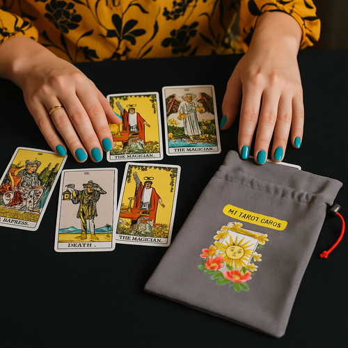Tarot saklama ta��ma kesesi, gri torba �zerine sar� g�ne� kart�