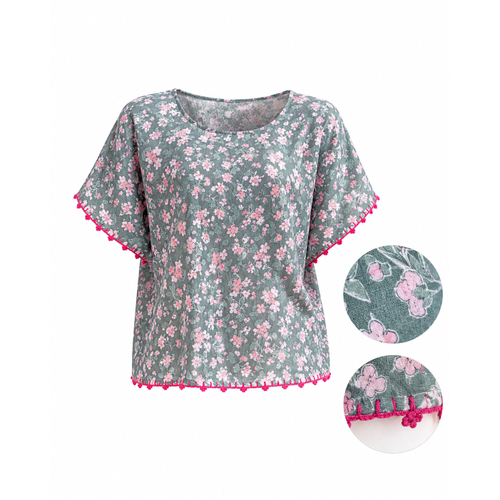 Muslin bluz, % 100 pamuklu, �i�ekli, i� g�stermez  kenar� el i�i d���k kol