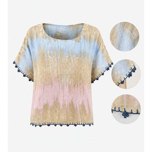 Muslin bluz, % 100 pamuklu, batik desen, i� g�stermez  kenar� el i�i d���k kol