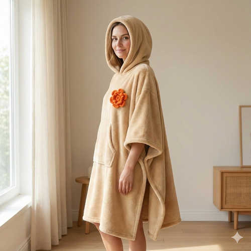 Pelu� kad�n pan�o, giyilebilir ev battaniyesi- �i�ek detayl�