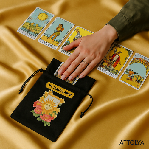 Tarot saklama ta��ma kesesi, siyah kese �zerine sar� g�ne� kart�