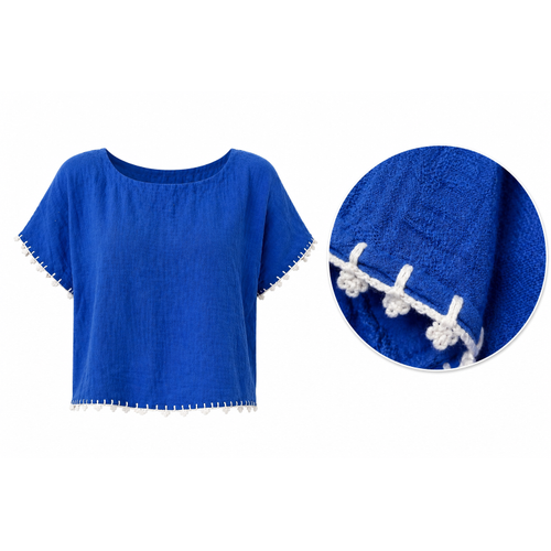 Muslin bluz, % 100 pamuklu, koyu mavi, kenar� el i�i d���k kol