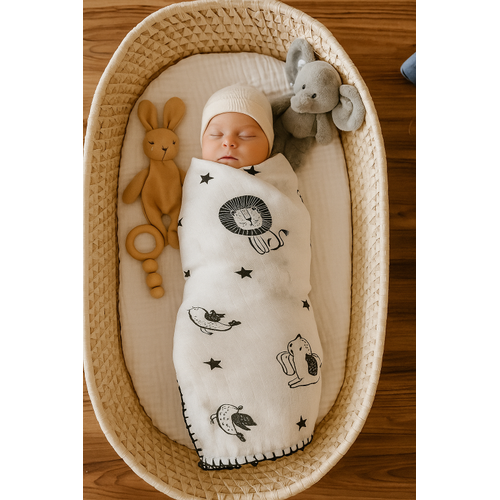 Muslin bebek battaniyesi- kunda�� 120xx120 cm ebatlar�ndad�r.
