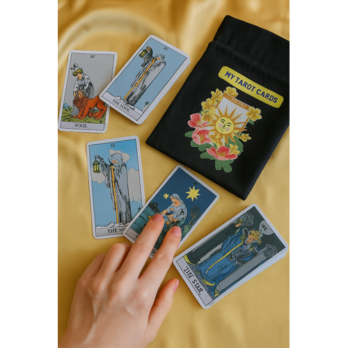 Tarot saklama ta��ma kesesi, siyah kese �zerine sar� g�ne� kart�