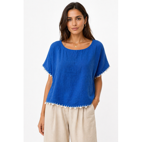 Muslin bluz, % 100 pamuklu, koyu mavi, kenar� el i�i d���k kol
