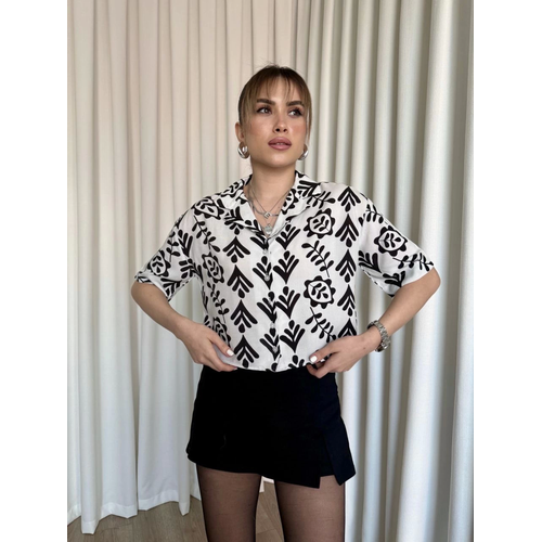 Siyah Beyaz Baskl Crop Gmlek