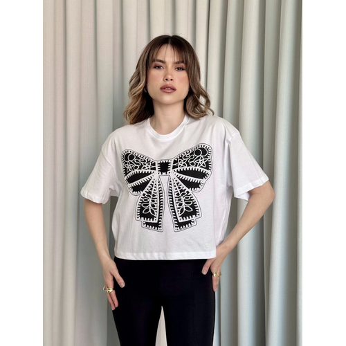Oversize Beyaz Baskl Crop Tirt