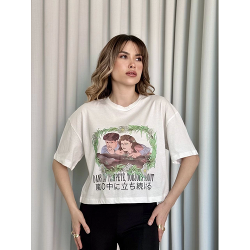 Oversize Beyaz Baskl Crop Tirt