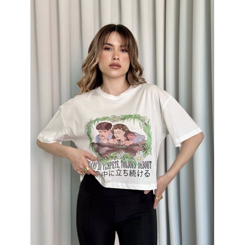 Oversize Beyaz Baskl Crop Tirt