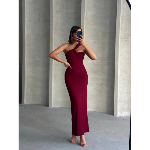 Krinkl Tek Omuz Uzun Elbise Bordo S25455