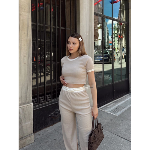 Crop Pantolon Biyeli Takm Bej