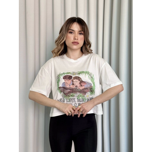 Oversize Beyaz Baskl Crop Tirt