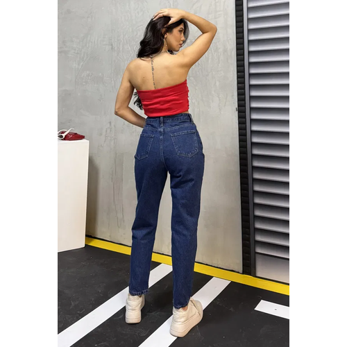 Dz Orta Kadn Mavi Slim Fit Mom Pantolon