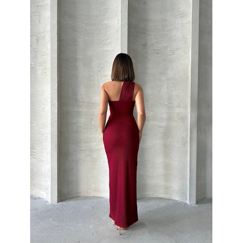 Krinkl Tek Omuz Uzun Elbise Bordo S25455