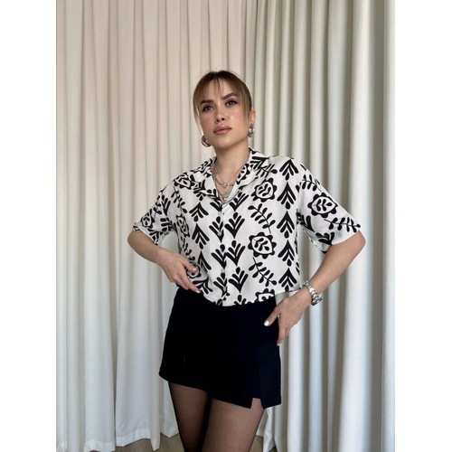 Siyah Beyaz Baskl Crop Gmlek