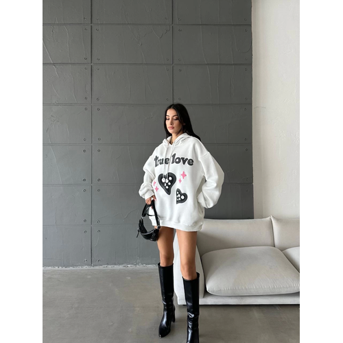3 plik ardonlu Oversize Compact True Baskl Sweat Beyaz