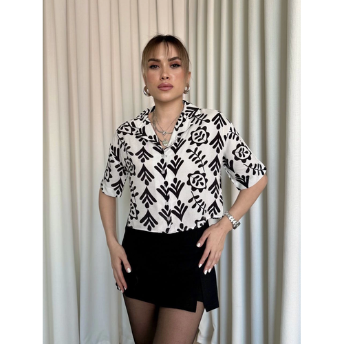 Siyah Beyaz Baskl Crop Gmlek