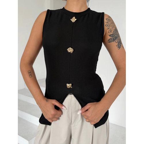Kadn Siyah Bisiklet Yaka Gold Dmeli Ottoman Bluz S2310